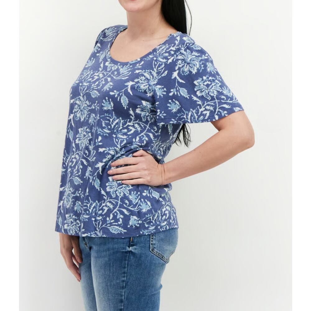 Lucky Brand‎ Flutter Sleeve Floral Tee Womens Sz XL Blue Short Sleeve Scoop Neck - Picture 2 of 15